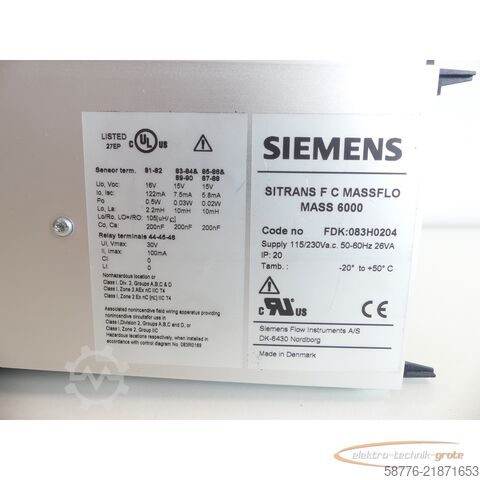 Component Siemens SITRANS F C MASS 6000 FDK:083H0204 SN 134835N324