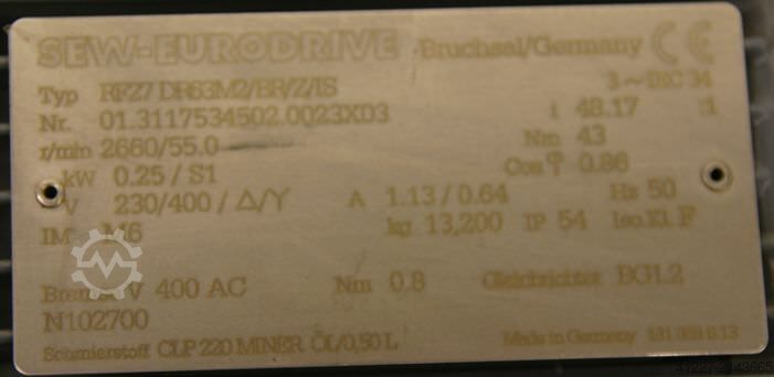 Gear motor 0.25 kW 55 rpm SEW EURODRIVE RF27 DRM/BR/Z/IS