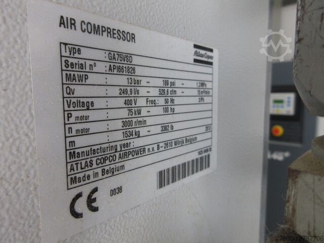 Schraubenkompressor Luftkompressor Raum Atlas Copco Druckluft Kompressor GA75VSD GA45+ Kältetrockner + Tank