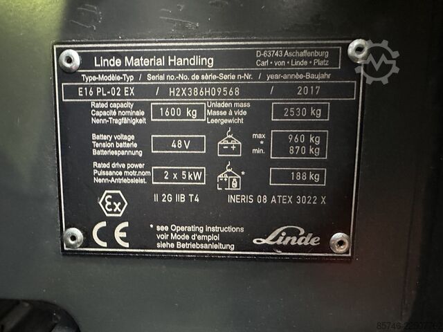 E 16 PL - 386 / 02 Evo * Atex EX * Proplan 2G / Z1 * NEW battery !! LINDE E 16 PL - 386 / 02 Evo * Atex EX * Proplan 2G / Z1 * NEW battery !!