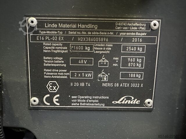 E 16 PL - 386 / 02 Evo * Atex EX * Proplan 2G / Z1 * NEW battery !! LINDE E 16 PL - 386 / 02 Evo * Atex EX * Proplan 2G / Z1 * NEW battery !!