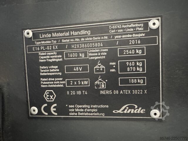 E 16 PL - 386 / 02 Evo * Atex EX * Proplan 2G / Z1 * NEW battery !! LINDE E 16 PL - 386 / 02 Evo * Atex EX * Proplan 2G / Z1 * NEW battery !!