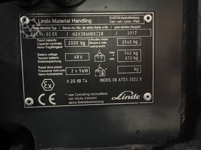 E 20 PL - 386 / 02 Evo * Atex EX * Proplan 2G / Z1 * Triplex FFL * NEW battery! LINDE E 20 PL - 386 / 02 Evo * Atex EX * Proplan 2G / Z1 * Triplex FFL * NEW battery !!