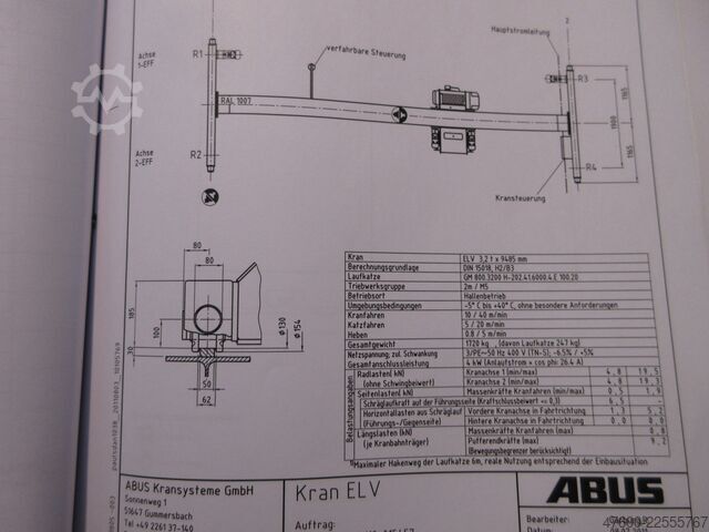 Cranesky crane, overhead crane, crane runway, span 9485 mm ABUS Hallenkran Brückenkran Kran ELV 3,2 NL 3200Kg Portalkran Kran 9485mm Hub 6m