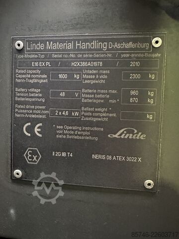 E 16 PL - 386 * Atex EX * Proplan 2G / Z1 * NEUE Batterie!! LINDE E 16 PL - 386 * Atex EX * Proplan 2G / Z1 * NEW battery !!
