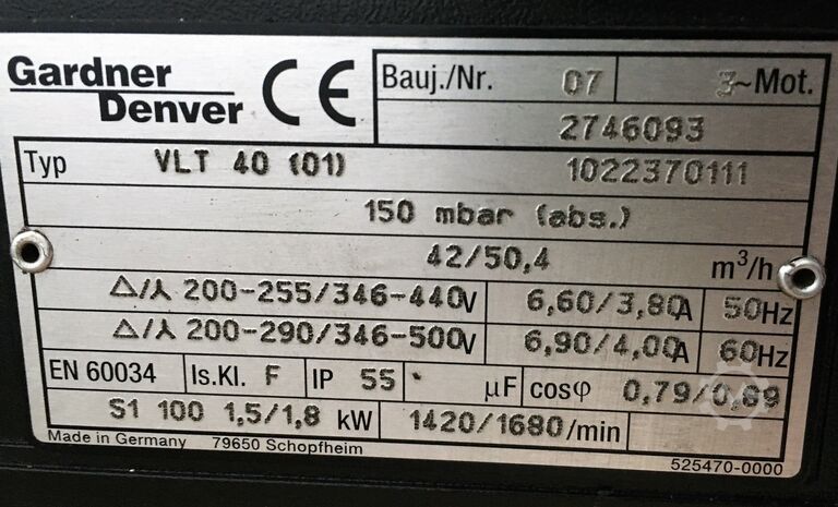 Vacuum pump 1.5 kW 42/50 m3/h Gardner Denver VLT 40 (01)