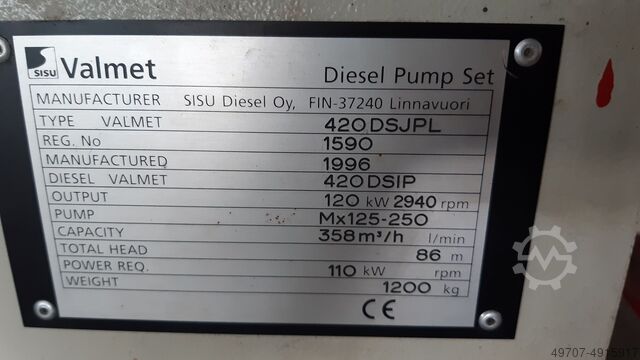 Diesel water pump VALMET SISU 420DSJPL 120Kw 358m3/h Diesel water pump