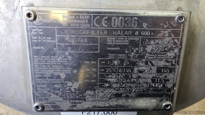 Filtrieranlage, Druckfilter, Nutsche Bollazi & Co AG Halar® Druckfilter Nutsche Ø 600 mm