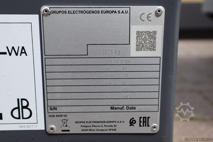 Generator set Atlas Copco QES 105 JD S3A ESF Valid inspection, *Guarantee! D