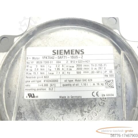 Control unit Siemens 1FK7042-5AF71-1SU5  -Z Servomotor ohne Getriebe SN: YFB526726501004