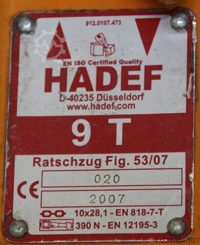 Lever chain hoist 9 ton Hadef Ratschzug Fig 53/07 (1,5m)
