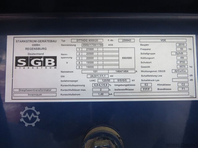 Transformer 3500kVA, 20kV/690/690V, SGB, 2010 DTTHDG 4000/20