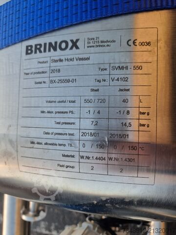 Manufacturing Vessel Brinox SVMHI-550 Sterile Hold Vessel 550L