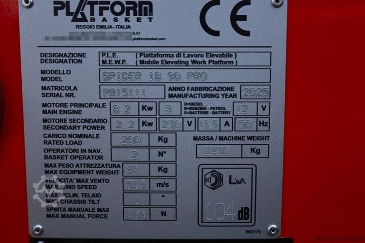 Gelenkteleskoparbeitsbühne  PLATFORM BAS Spider 18.90 PRO CE Declaration, Vali