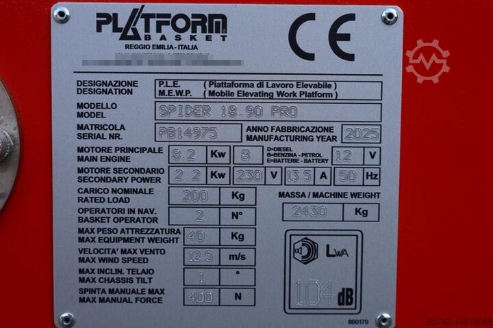 Gelenkteleskoparbeitsbühne Platform Basket Spider 18.90 PRO CE Declaration, Valid inspection,