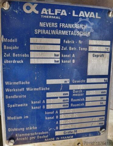 Alfa Laval 1.3 m² stainless steel spiral heat exchanger  