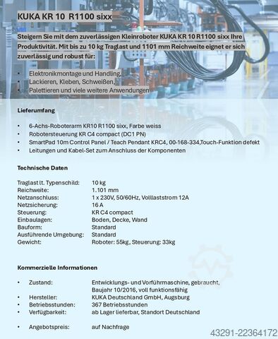 Industrial robot KUKA KR 10 R1100 sixx