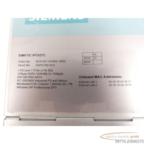 Component Siemens Simatic IPC627C / 6ES7647-6CB00-1AA0 Industrielles Box-PC SN SVPC7851972