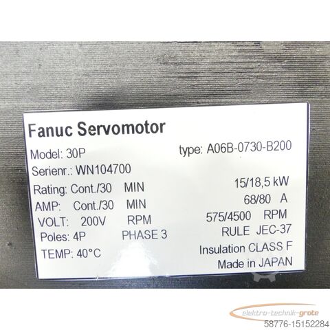 Fanuc motor Fanuc A06B-0730-B200 30P Motor SN WN104700 + A290-0731-T500 generalüberholt mit 12 Monaten Gewährleistung