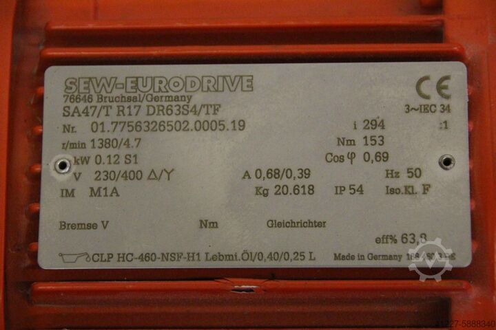 Gear motor 0.12 kW 4.7 rpm SEW-Eurodrive SA47/T R17 DR63S4/TF