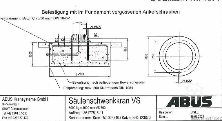 5 t pillar slewing crane, year of manufacture 2023 ABUS VS 660