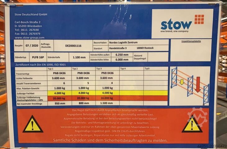 21.6 m pallet rack, 6 m high, 4 levels Stow Pal Rack