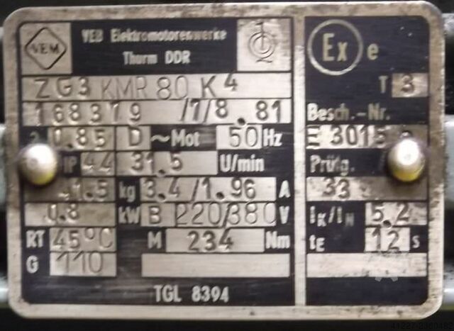 Gear motor 0.8 kW 31.5 rpm VEM ZG3KMR80K4