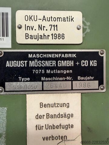 Vertical band saw metal band saw Mössner Rekord SSF 1050