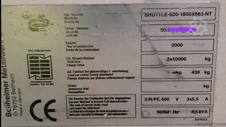 Lagerlift Kardex SHUTTLE 500 1850X863 NT