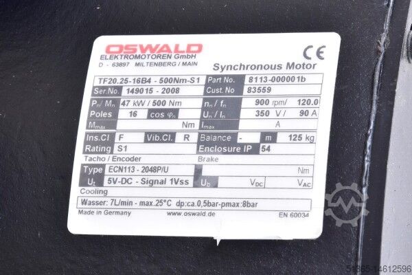 Synchronous motor 47kW, 500Nm, S1 Oswald Elektromotoren GmbH 8113-000001b