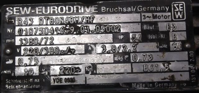 Gear motor 0.75 kW 72 rpm SEW-EURODRIVE R43DT80N4BM/HF