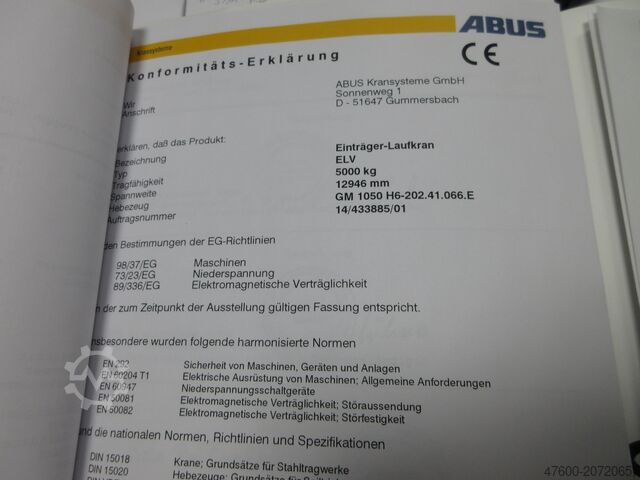 Kranhimmel Kran Hallenkran Spur 12946mm ABUS Hallenkran Brückenkran Kran ELV 5t NL 5000Kg Portalkran Kran 12946mm 140Std