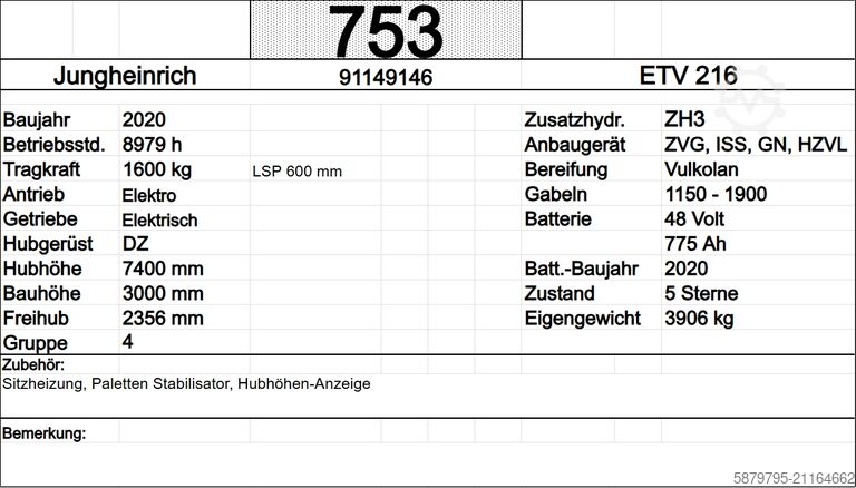 Schubmaststapler Jungheinrich ETV 216 L GNEDZ | ZVG | ISS | SG | PS