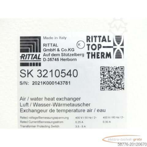 Rittal component Rittal SK 3210540 Luft- / Wasser-Wärmetauscher SN 2021K000143781 400V / 50Hz