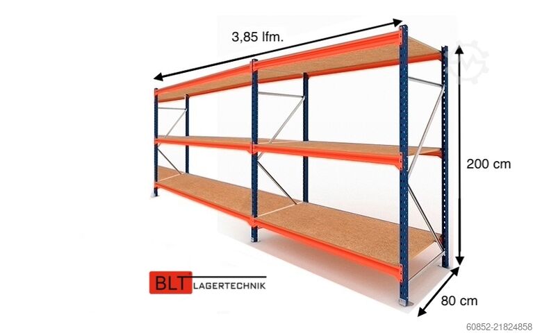 Wide span storage rack ca. 3,85 lfm. Weitspannregale H: 200 cm T: 80 cm , 400 kg Fachlast , 3 Ebenen