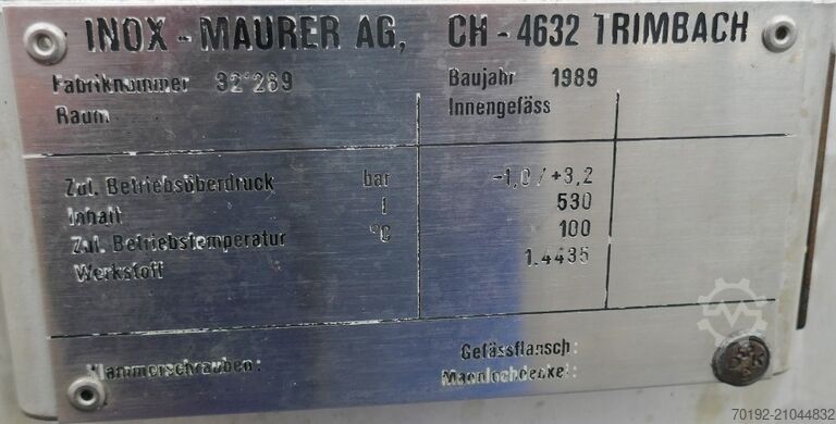 530 Liter Druckbehälter aus V4A INOX - MAURER AG B0123