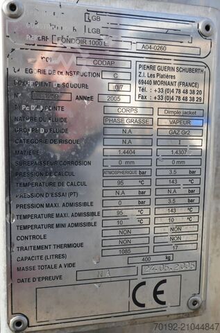 1085 liter heatable/coolable agitator tank made of V4A stainless steel with propeller agitator Pierre Guerin B0120