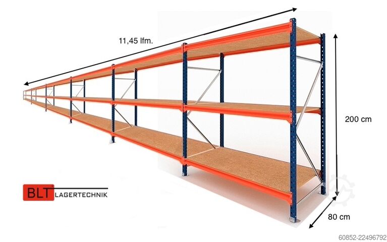 Wide span storage rack ca. 11,45 lfm. Weitspannregale H: 200 cm T: 80 cm , 400 kg Fachlast , 3 Ebenen