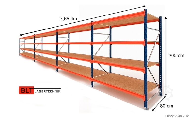 Wide span storage rack ca. 7,65 lfm. Weitspannregale H: 200 cm T: 80 cm , 400 kg Fachlast , 4 Ebenen