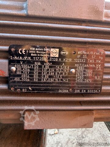 VEM Elektromotor 7,5 kW, 2880 U/min, 3-phasig, 400V, Flanschausführung B3. Silnik elektryczny VEM 7,5 kW 2880 obr min 3 fazy 400V kolnierzowy B3 Silnik elektryczny VEM 7,5 kW 2880 obr min 3 fazy 400V kolnierzowy B3