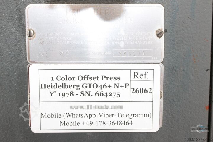 1 Farben Offsetdruckmaschine / 1 Color Sheet-Fed Offset Press Heidelberg GTO46+ N+P