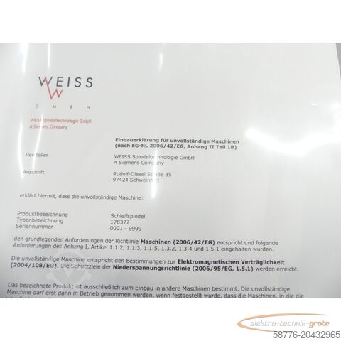 Component Weiss 178377 Schleifspindel 21kw / 7000 U/min = 0001    !