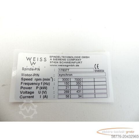Component Weiss 178377 Schleifspindel 21kw / 7000 U/min = 0001    !