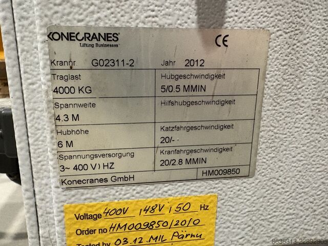 Hallenkran overhead crane, 4000 kg, year 2012, 4.3 m Konecranes 
