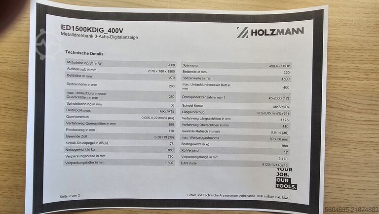 Center lathe Holzmann ED1500KDIG_400V