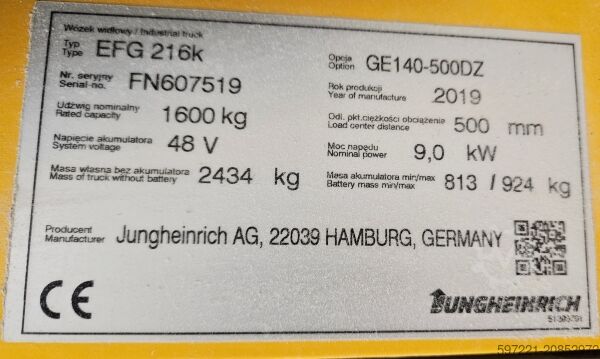 Elektrisch – 3 Räder Jungheinrich EFG216k Triplex Lithium