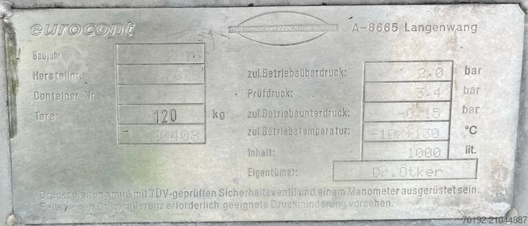 1000 Liter aseptischer druckfester Rundcontainer aus V2A eurocont B0103