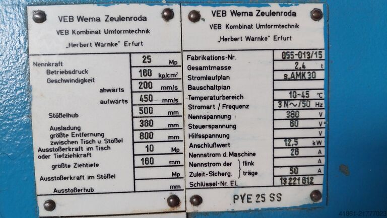 Hydr. Einständerpresse mit Ziehkissen ZEULENRODA PYE 25 SS