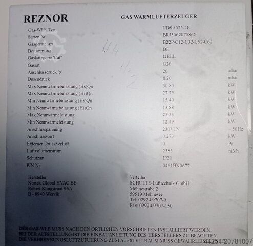 Warmlufterzeuger Hallenheizung 25,53 kW Reznor UDSA025-4E