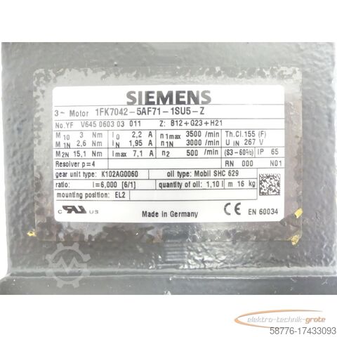 Siemens motor Siemens 1FK7042-5AF71-1SU5 - Z Servomotor SN: YFV645060303011